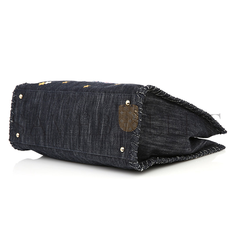 Ch**el dark blue embroidered denim night flight tote bag (40*30cm)